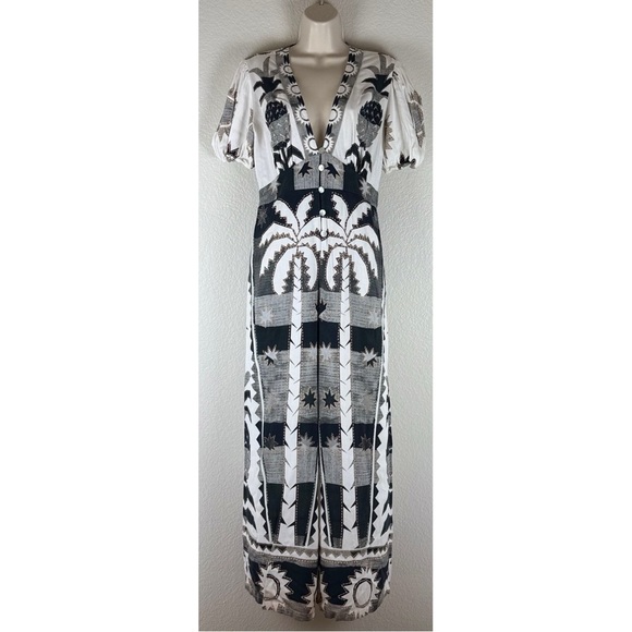 Farm Rio Puff-Sleeve Linen Jumpsuit Black White Size Medium Petite - Picture 3 of 13